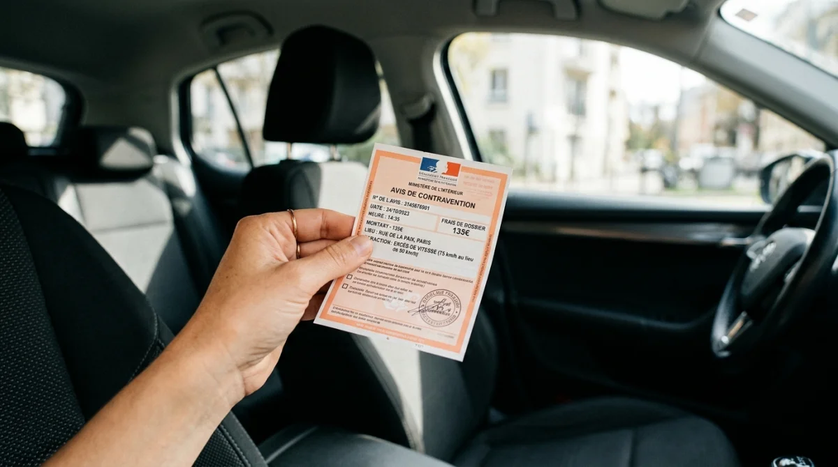 Main tenant une contravention de voiture, rappelant l'amende pour ceinture passager.