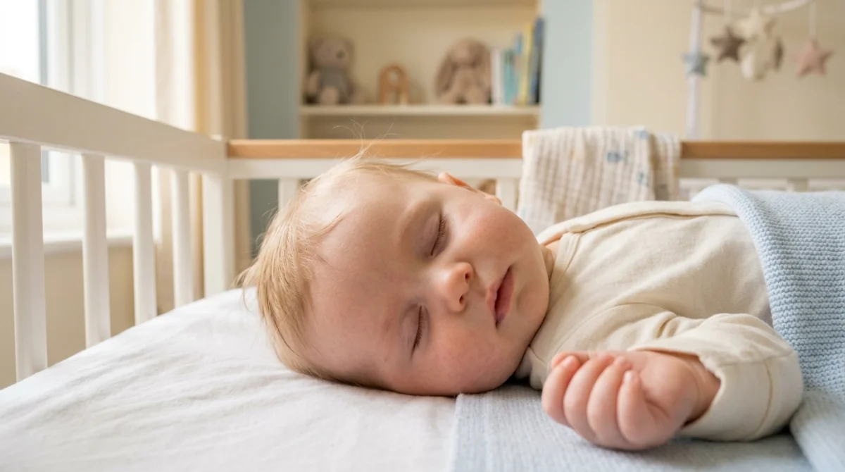 Bébé paisible endormi dans son berceau, ambiance sereine de chambre d'enfant.