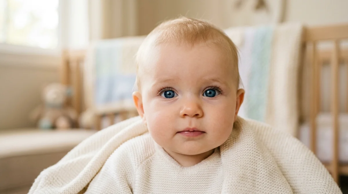 Bébé aux yeux bleus intenses, regardant fixement, couleur des yeux de bébé.
