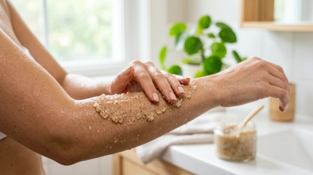 Main appliquant un gommage corporel sur un avant-bras en salle de bain, peau hydratée.