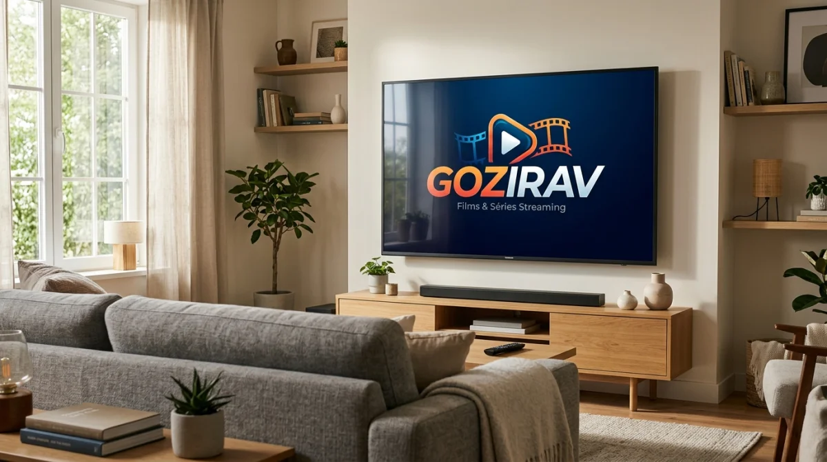 Logo Gozirav sur une télévision dans un salon moderne, symbole du streaming de films et séries.